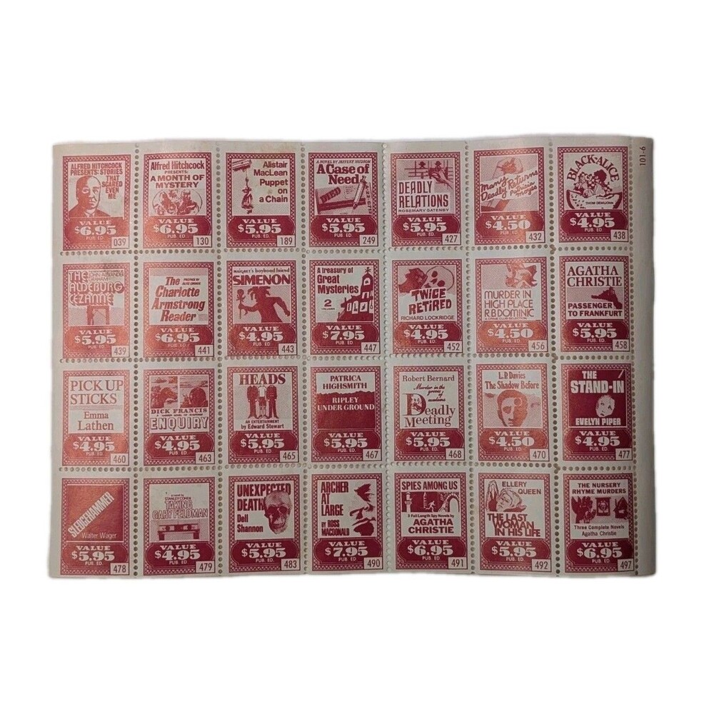 Vintage Doubleday Book Club Bonus Stamps Sheet Mystery Thriller Titles 1960s